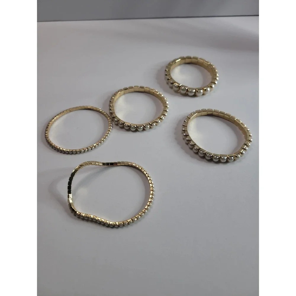Lot of 5 Gold Tone White Beaded Stretch Bracelets Stackable Bundle